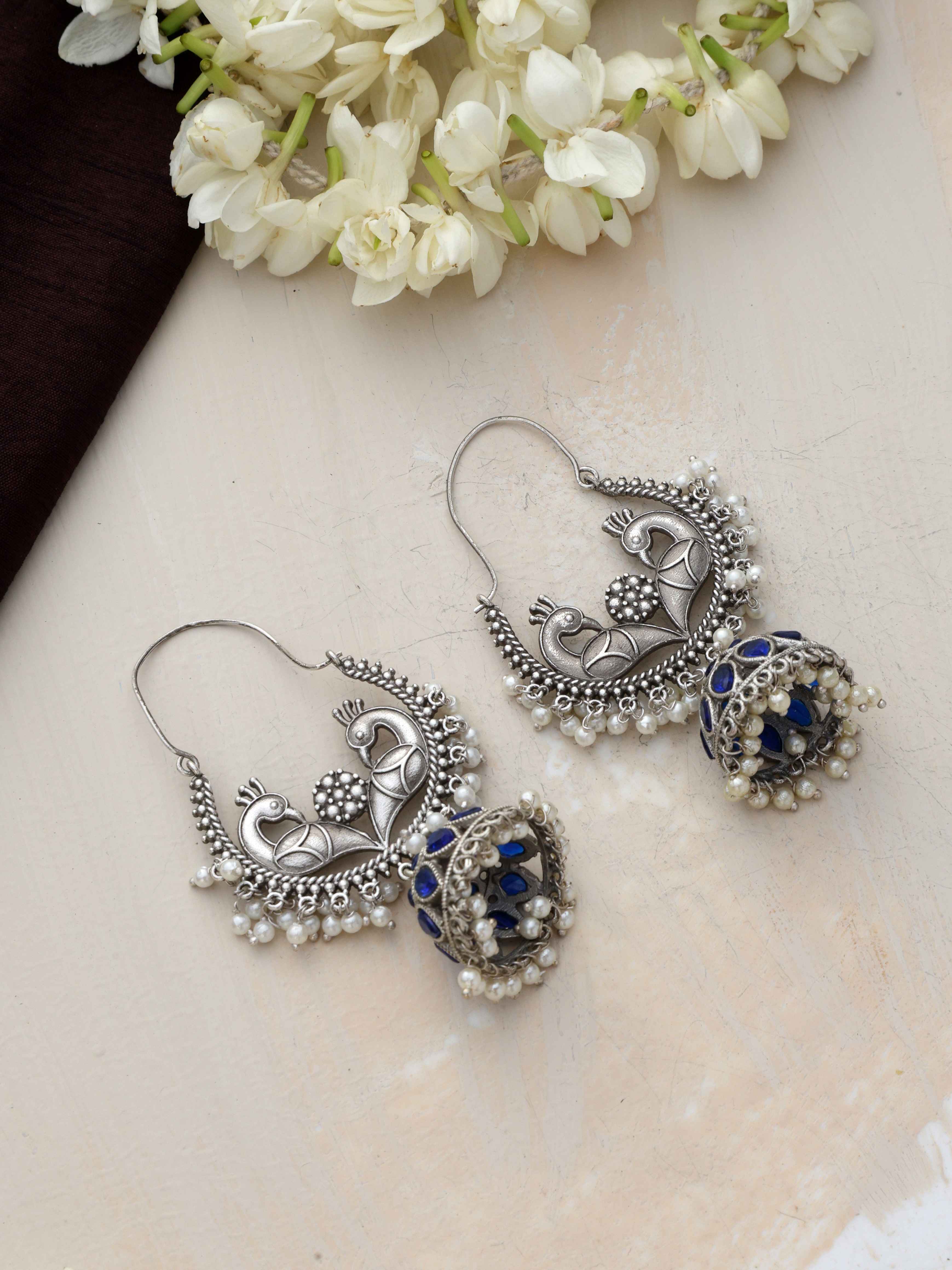 trueBrowns Silver Tone Peacock Jhumka Earrings - Distacart