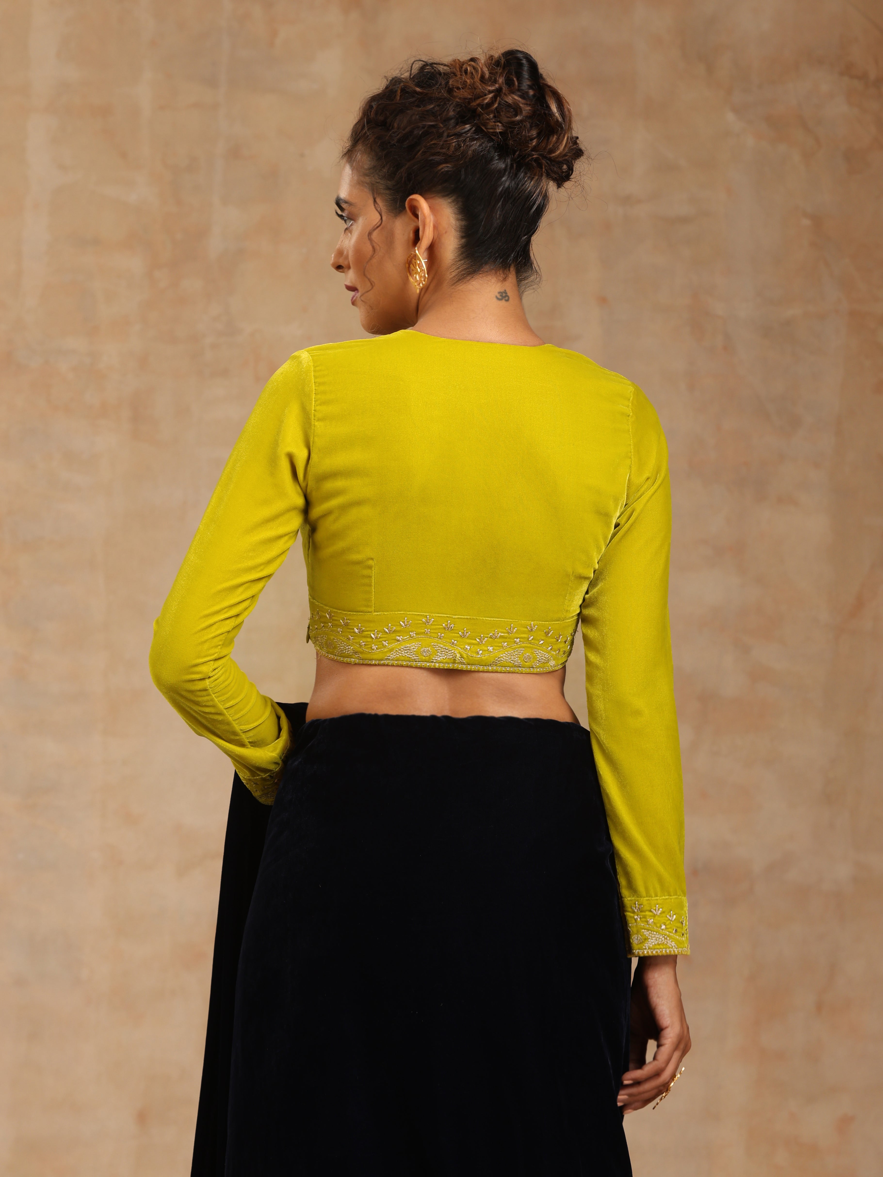 trueBrowns Lime Velvet Embroidered Blouse - Distacart