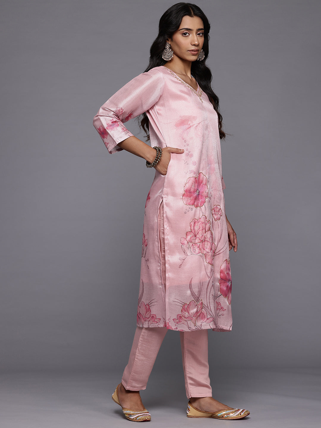 Varanga Women Pink Silk Floral Printed Beads And Stones Embellished Kurta Set With Dupatta - Distacart