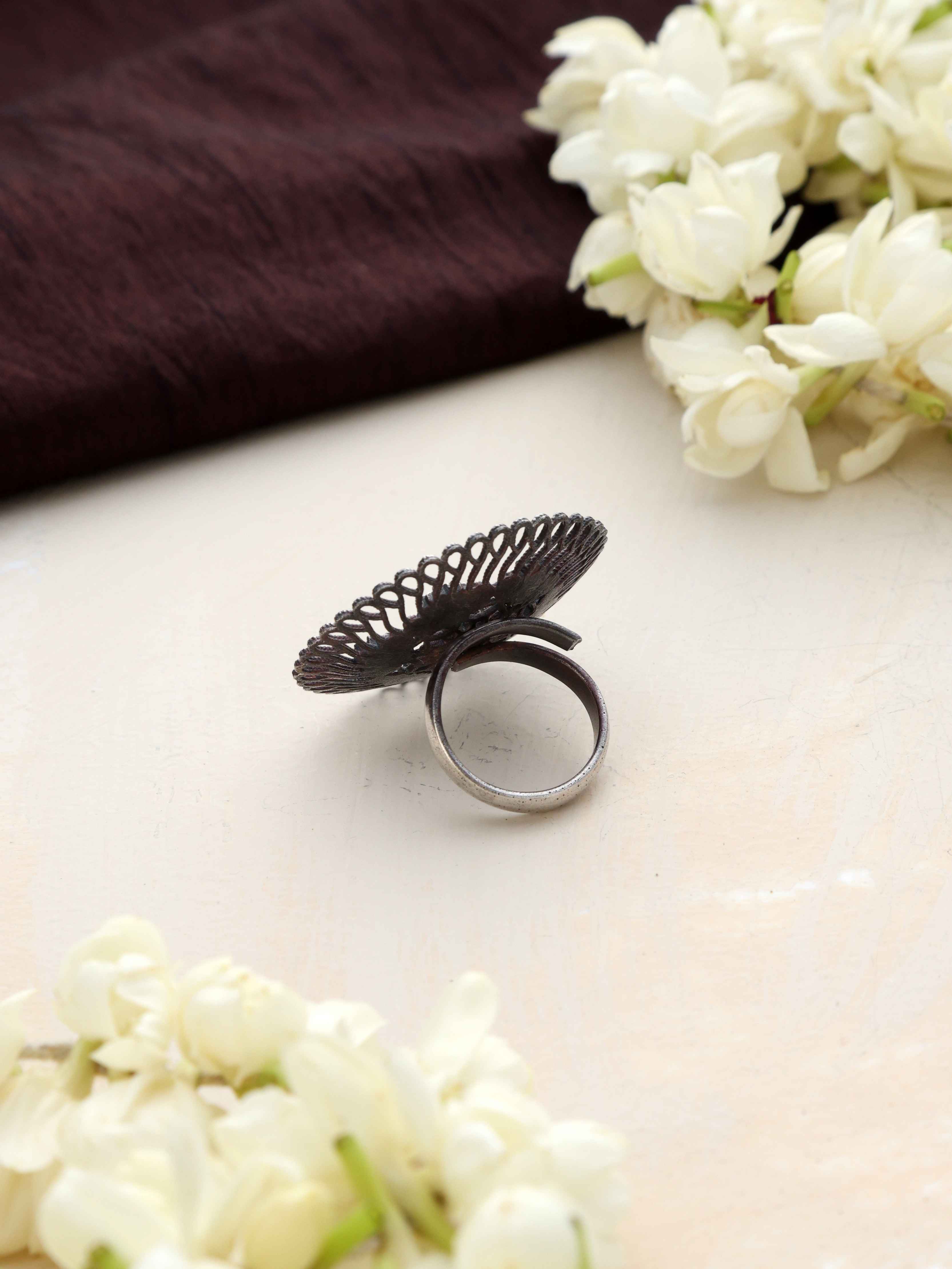 trueBrowns Silver Tone Floral Circular Ring - Distacart