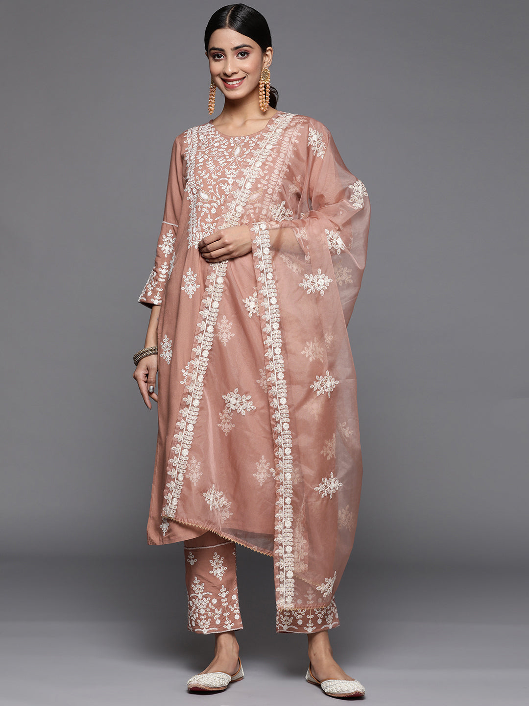 Varanga Women Mauve Embroidered Kurta Paired With Tonal Trouser And Dupatta - Distacart