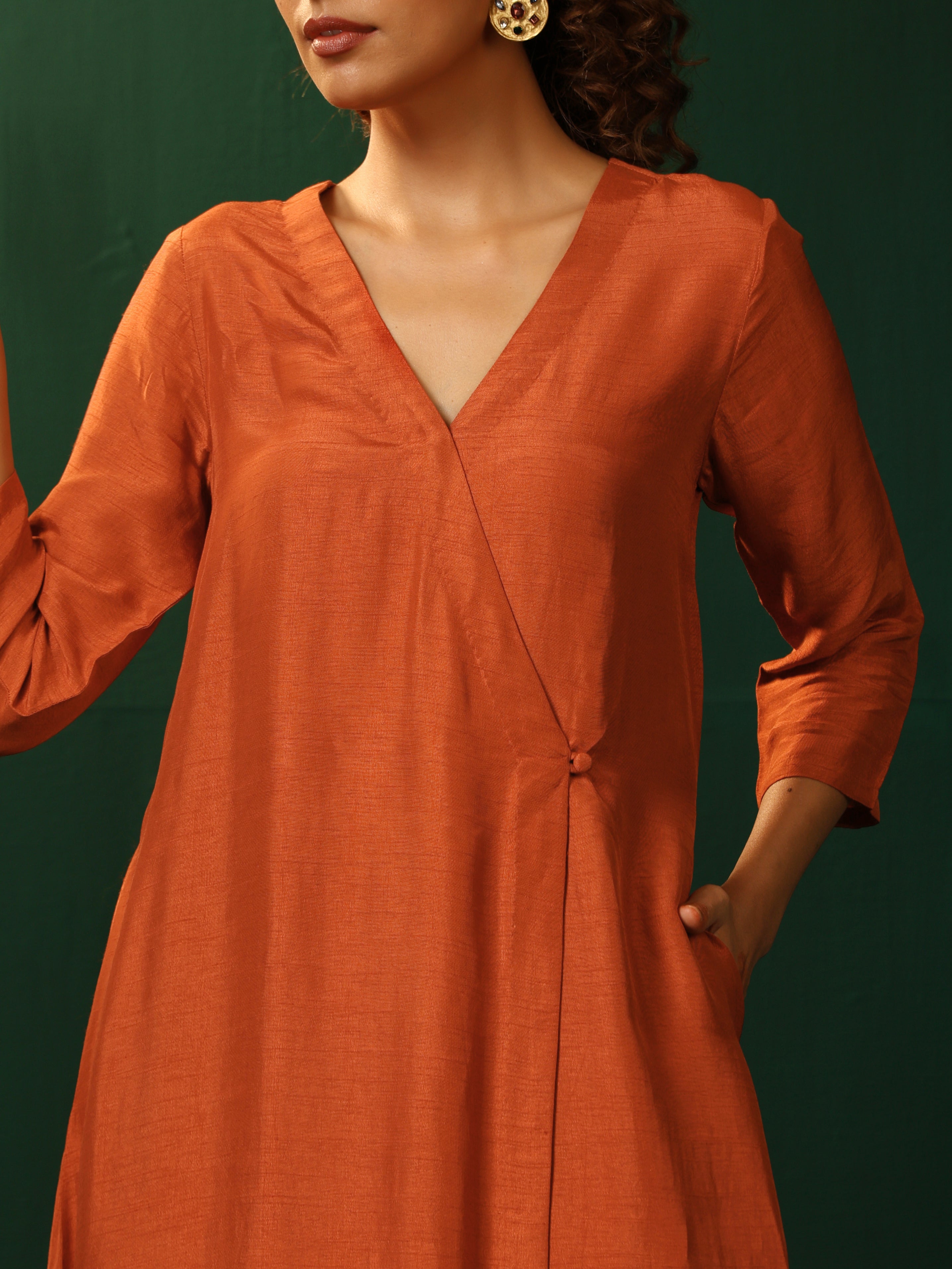 trueBrowns Rust Silk Angrakha Kurta Pant Set - Distacart