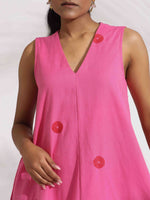 Thumbnail for trueBrowns Pink Cotton Embroidered Flared Dress
