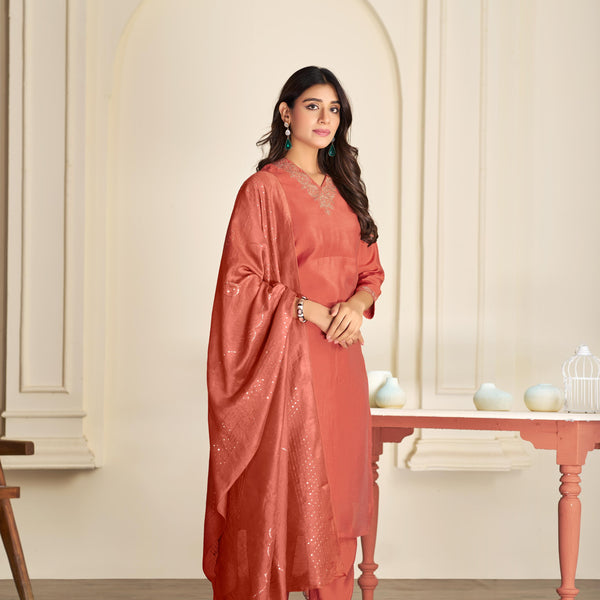 BulBul Mira Rust Silk Kurta Set with Dupatta