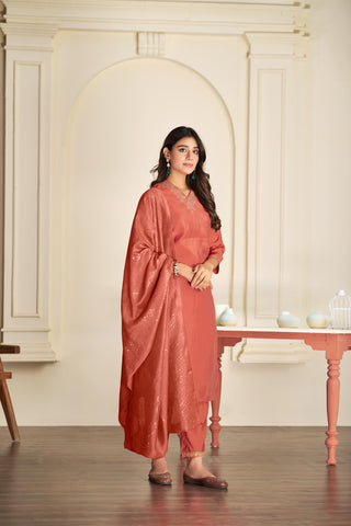 BulBul Mira Rust Silk Kurta Set with Dupatta