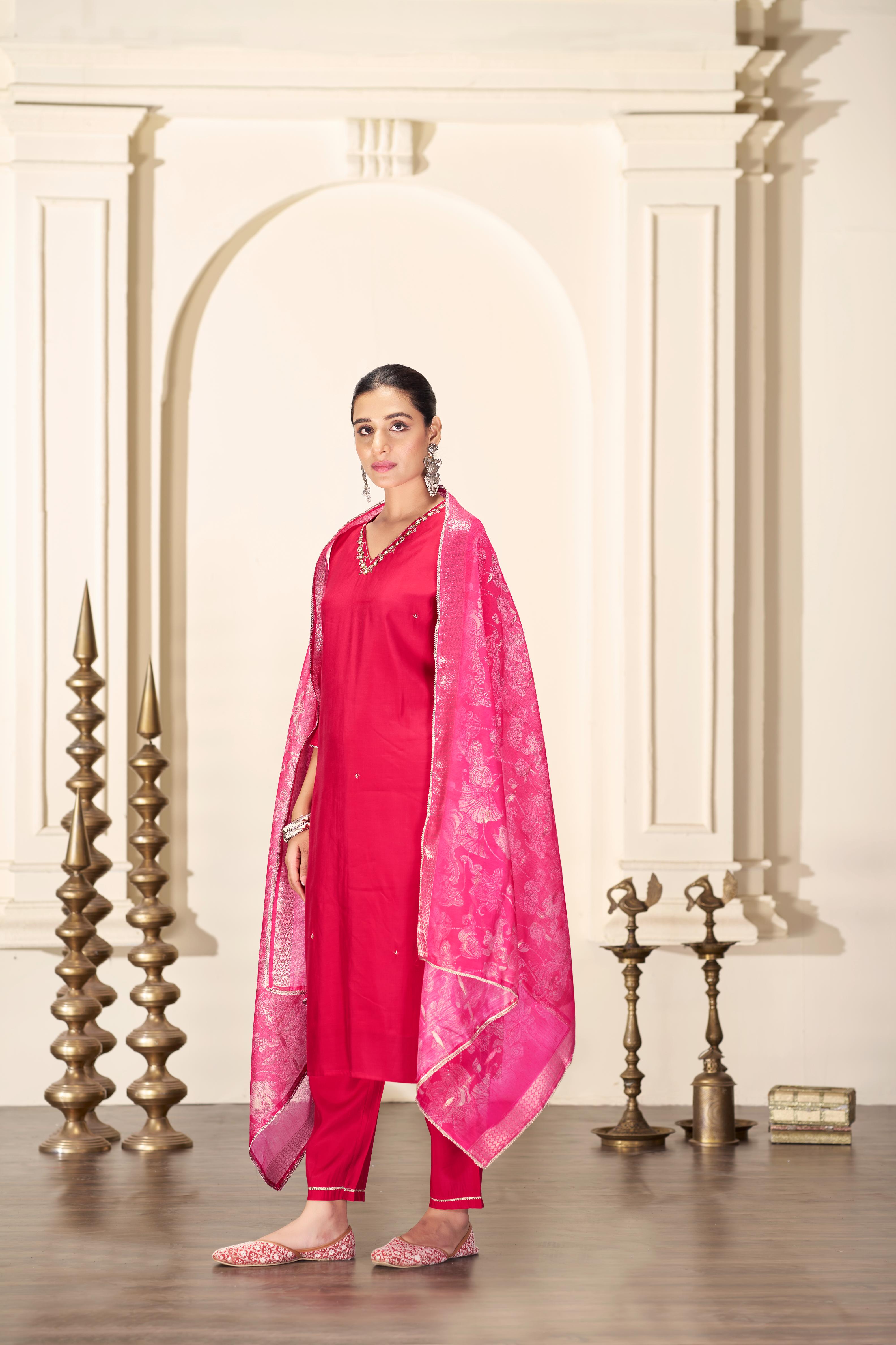 BulBul Nirjari Red Silk Kurta Set with Dupatta