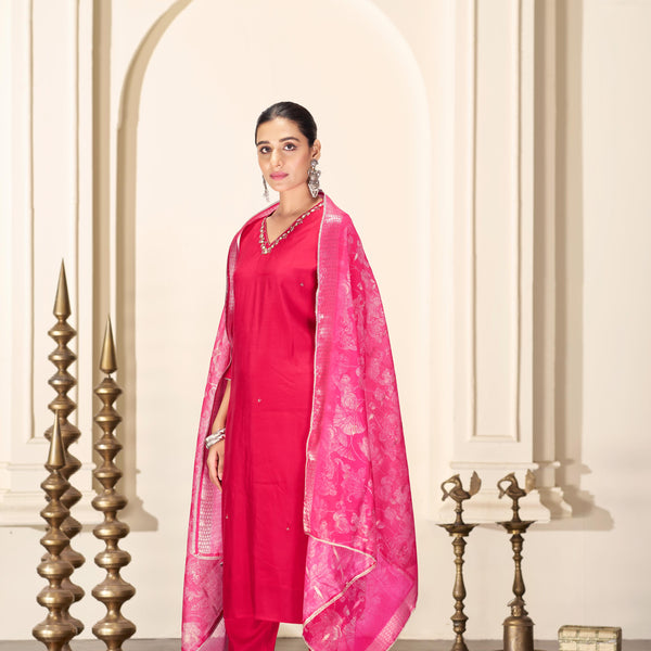 BulBul Nirjari Red Silk Kurta Set with Dupatta