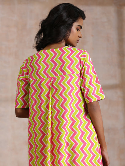trueBrowns Lime Pink Zig-Zag Lines Print Cotton Kurta Pant Set - Distacart