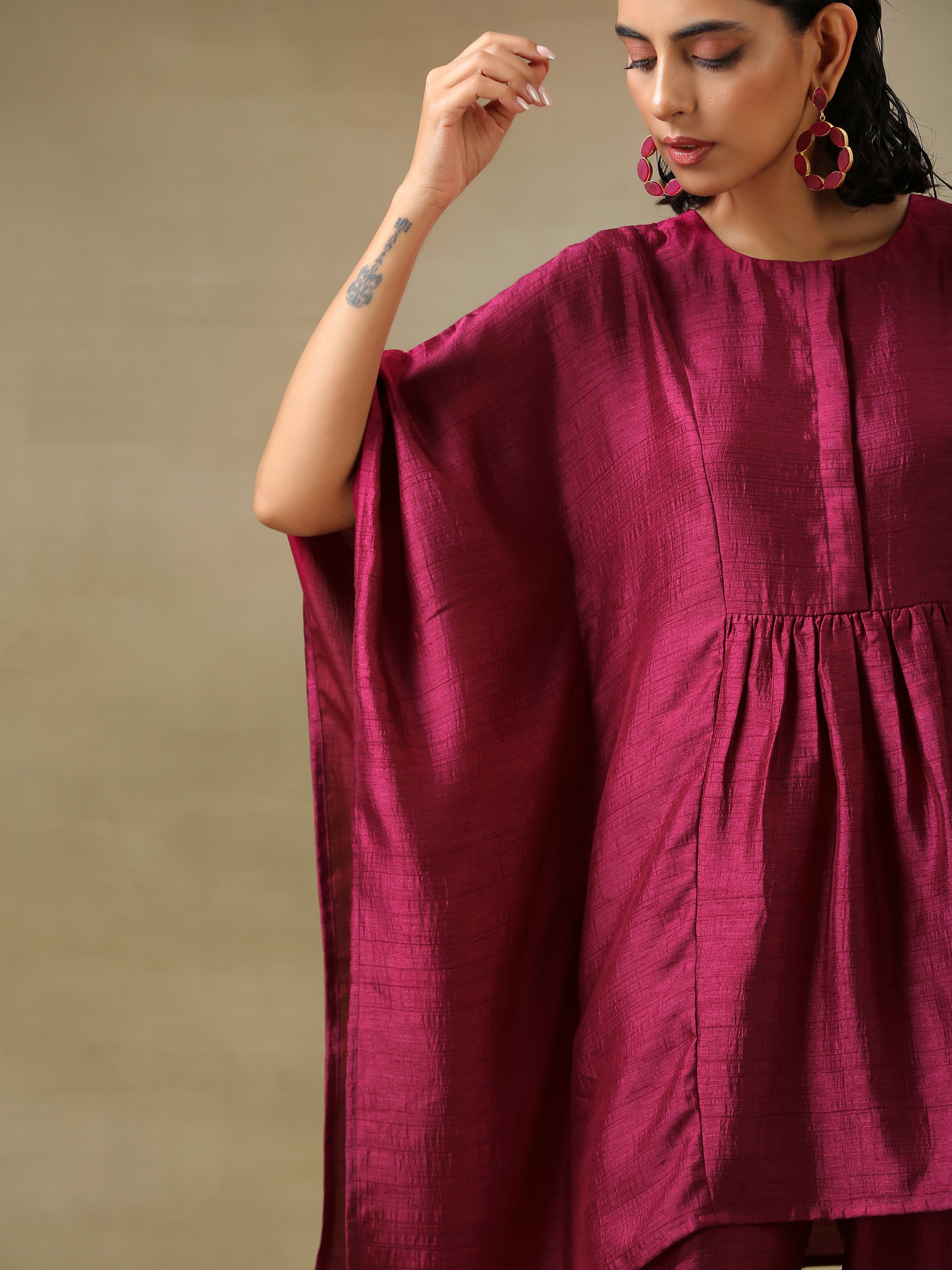 trueBrowns Purple Textured Silk Gathered Kaftan Co-Ord Set - Distacart