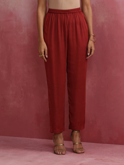 trueBrowns Maroon Modal V Neck Kurta Co-ord Set - Distacart