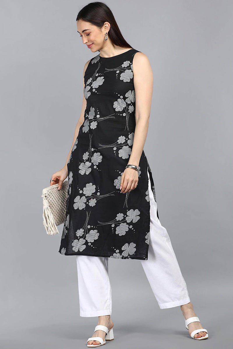 Ahika Black Floral Printed Kurta