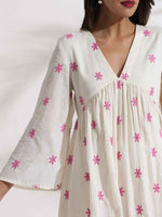 Thumbnail for trueBrowns Off-White Cotton Floral Embroidered Flared Kurta Set
