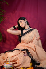 Thumbnail for khanduapata Beige & Black Dot Design Cotton Saree For Women