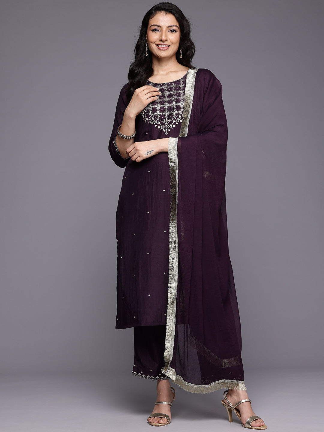 Varanga Women Purple Thread Embroidered Sequins Embellished Straight Kurta Paired With Bottom And Dupatta - Distacart