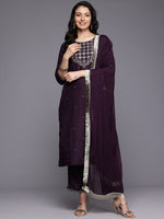 Thumbnail for Varanga Women Purple Thread Embroidered Sequins Embellished Straight Kurta Paired With Bottom And Dupatta - Distacart