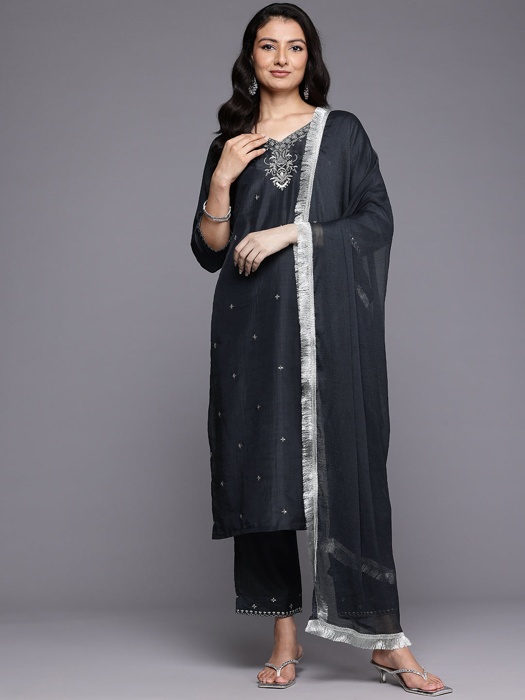 Varanga Women Grey Silk Thread And Zari Embroidered , Sequins Embellished Kurta Paired With Bottom And Dupatta - Distacart