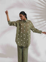 Thumbnail for trueBrowns Olive Green Cotton Floral Embroidered Co-ord Set