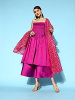 Thumbnail for InWeave Purple Off Shoulder Silk Kurta Set -Pink Kota Bandhej Dupatta