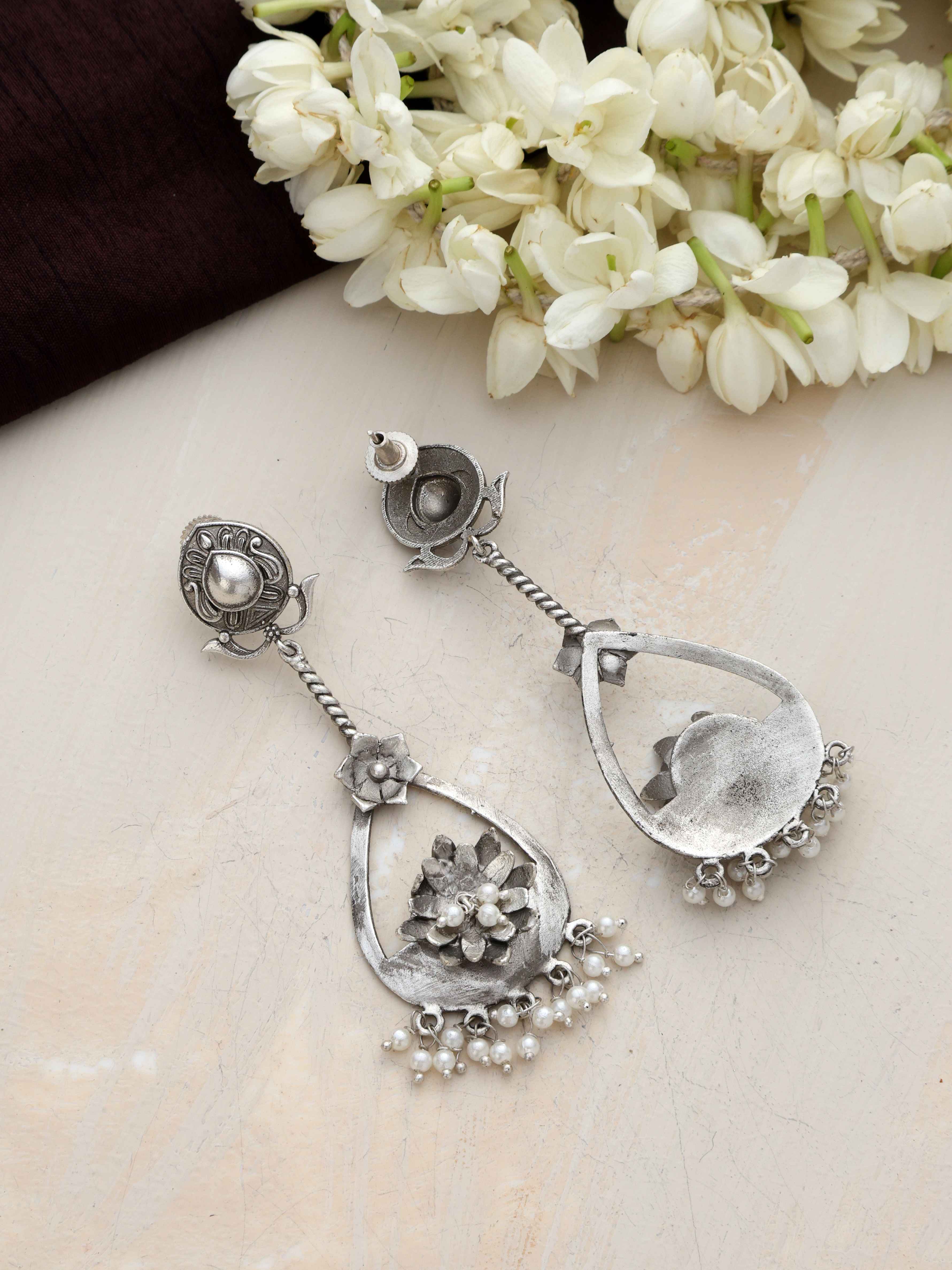trueBrowns Silver Tone Floral Chandbaali Earrings - Distacart