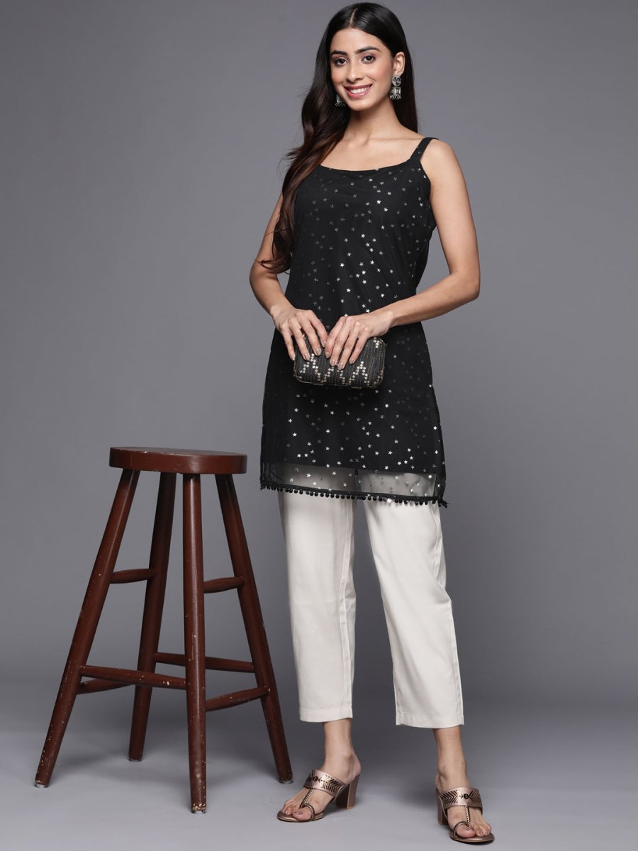 Ahalyaa Woman Silver Foil Printed Shoulder Straps Net Tunic - Distacart