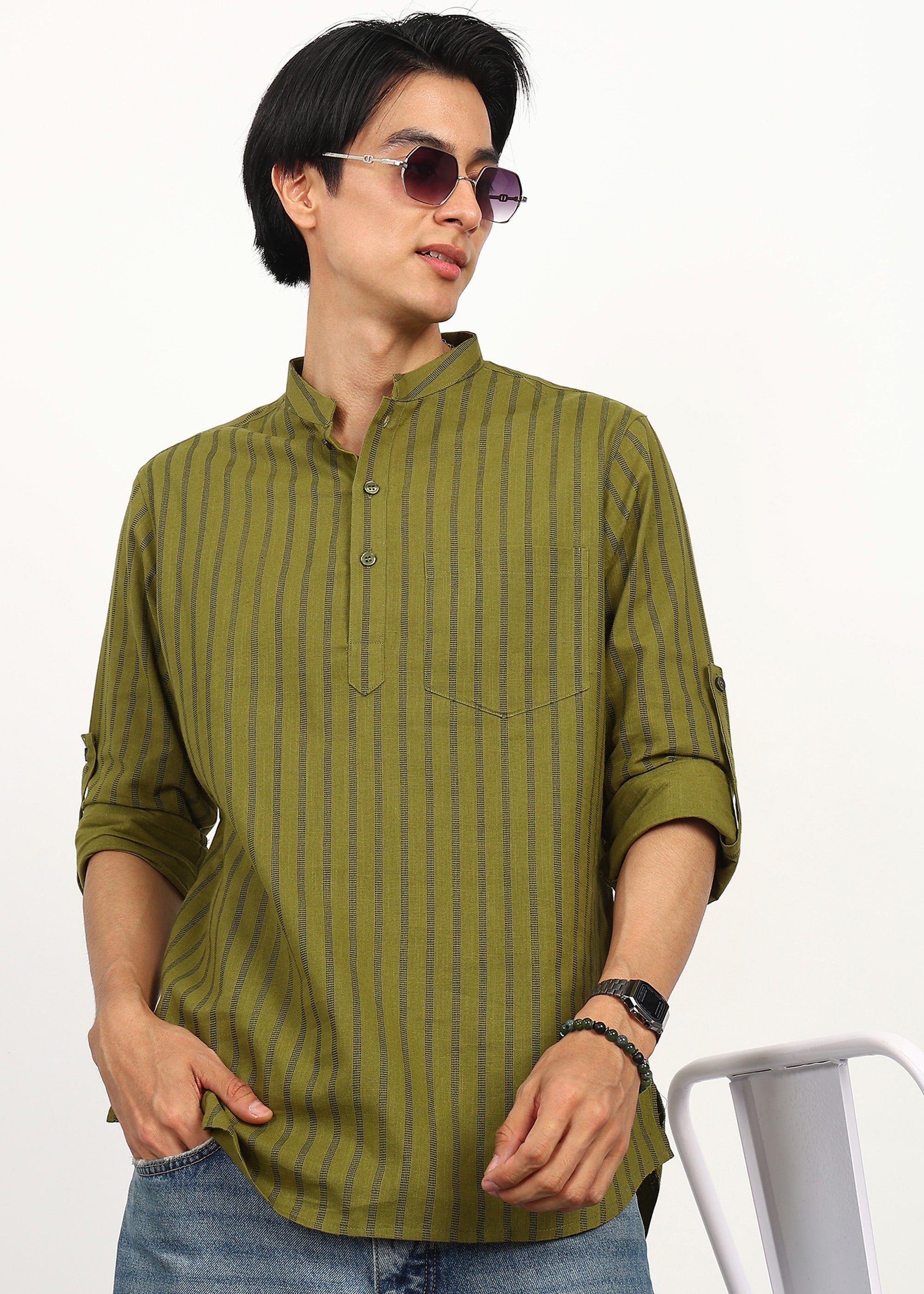 Fabmade Olive Stripe Linen Kurta - Distacart
