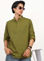 Thumbnail for Fabmade Olive Stripe Linen Kurta - Distacart