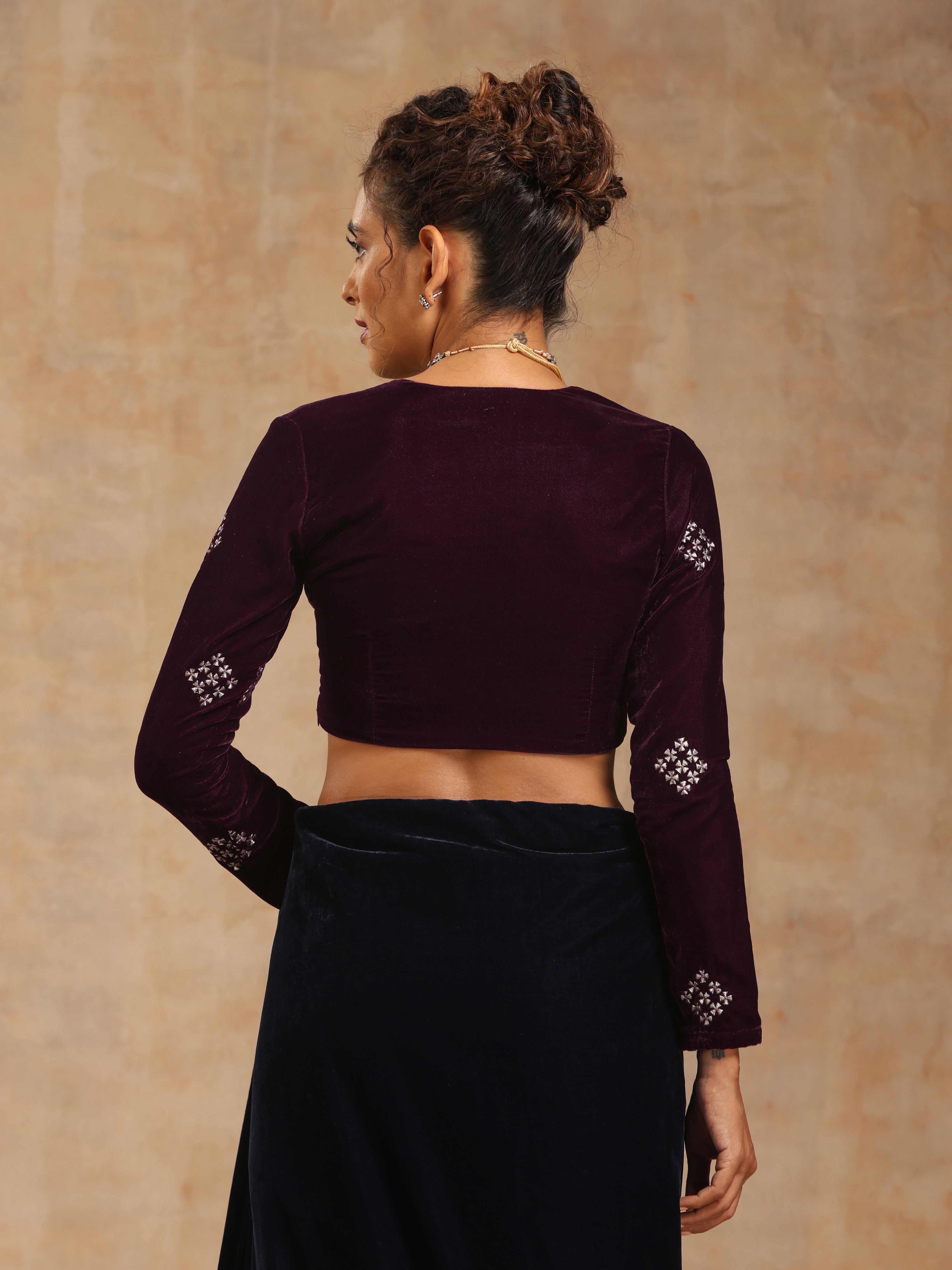 trueBrowns Wine Velvet Embroidered Blouse - Distacart