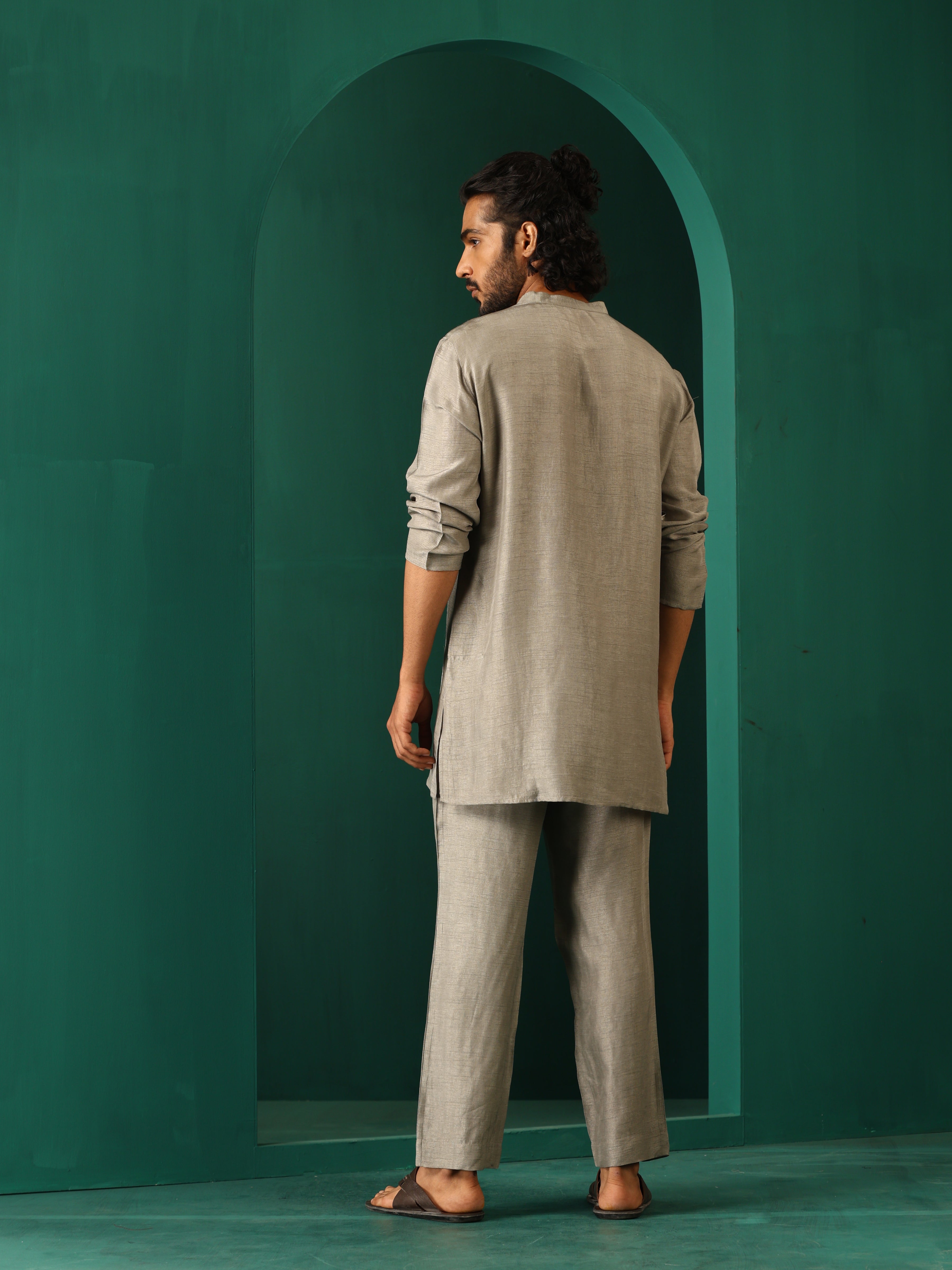 trueBrowns Men's Grey Silk Co-ord Set Yoke Detail - Distacart