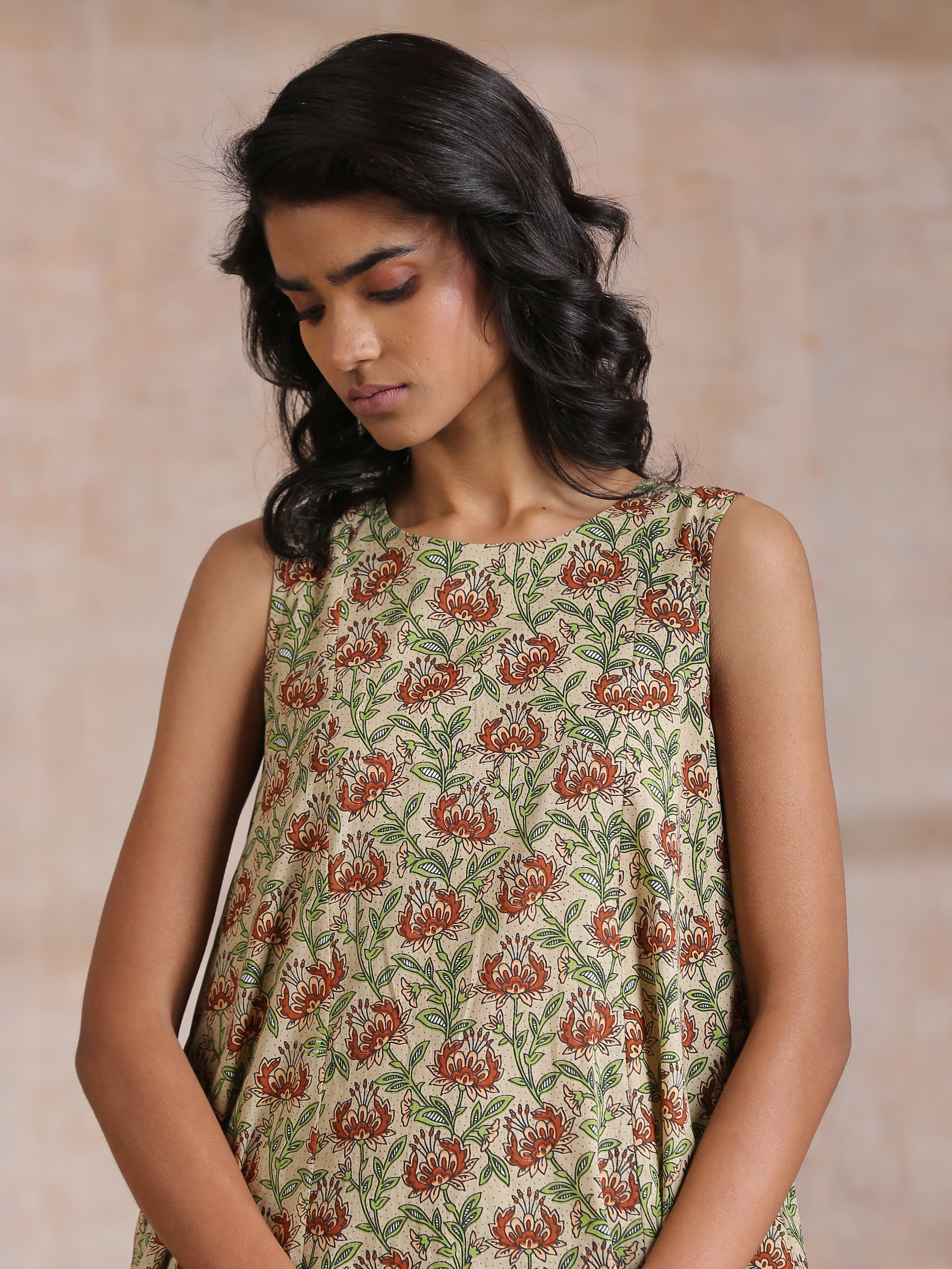 trueBrowns Beige Overall Brown Floral Block Print Cotton High-Low Co-Ord Set - Distacart