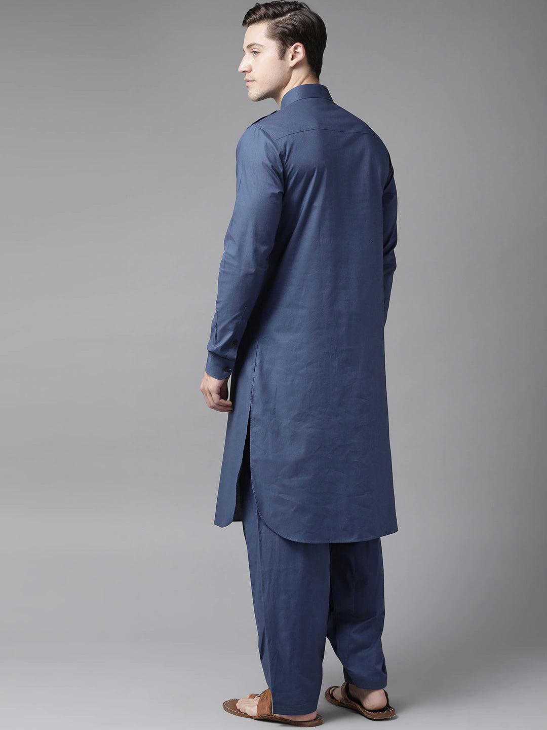 Fabmade Navy Blue Pathani Suit