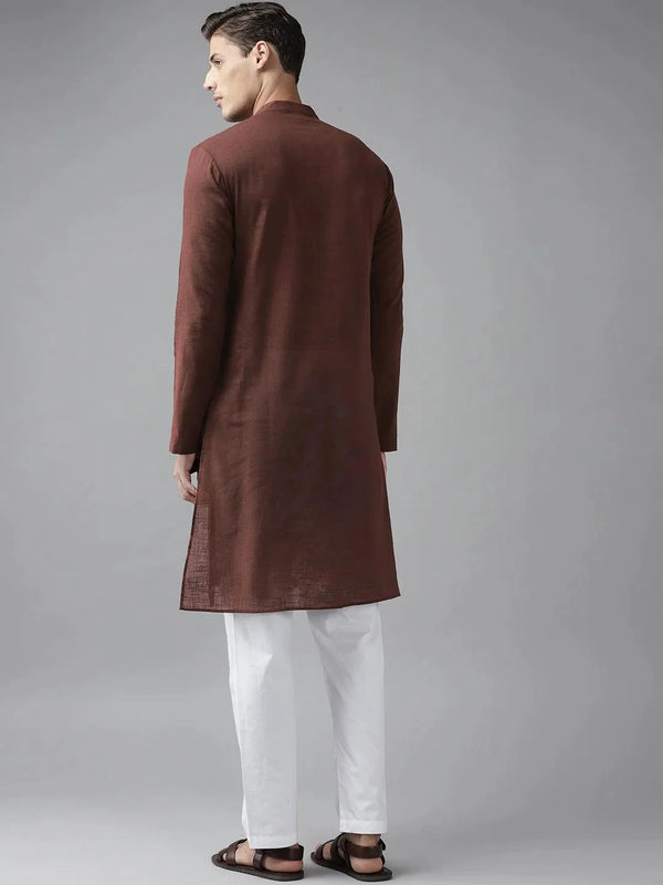 Fabmade Men Brown Cotton Linen Kurta Pyjama