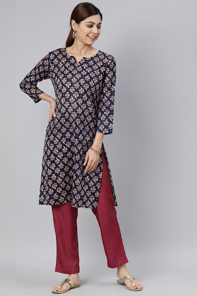 Ahika Women Navy Blue & Beige Ethnic Motifs Printed Kurta - Distacart