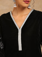 Thumbnail for trueBrowns Black Velvet Sleeve Embroidered Kurta - Distacart