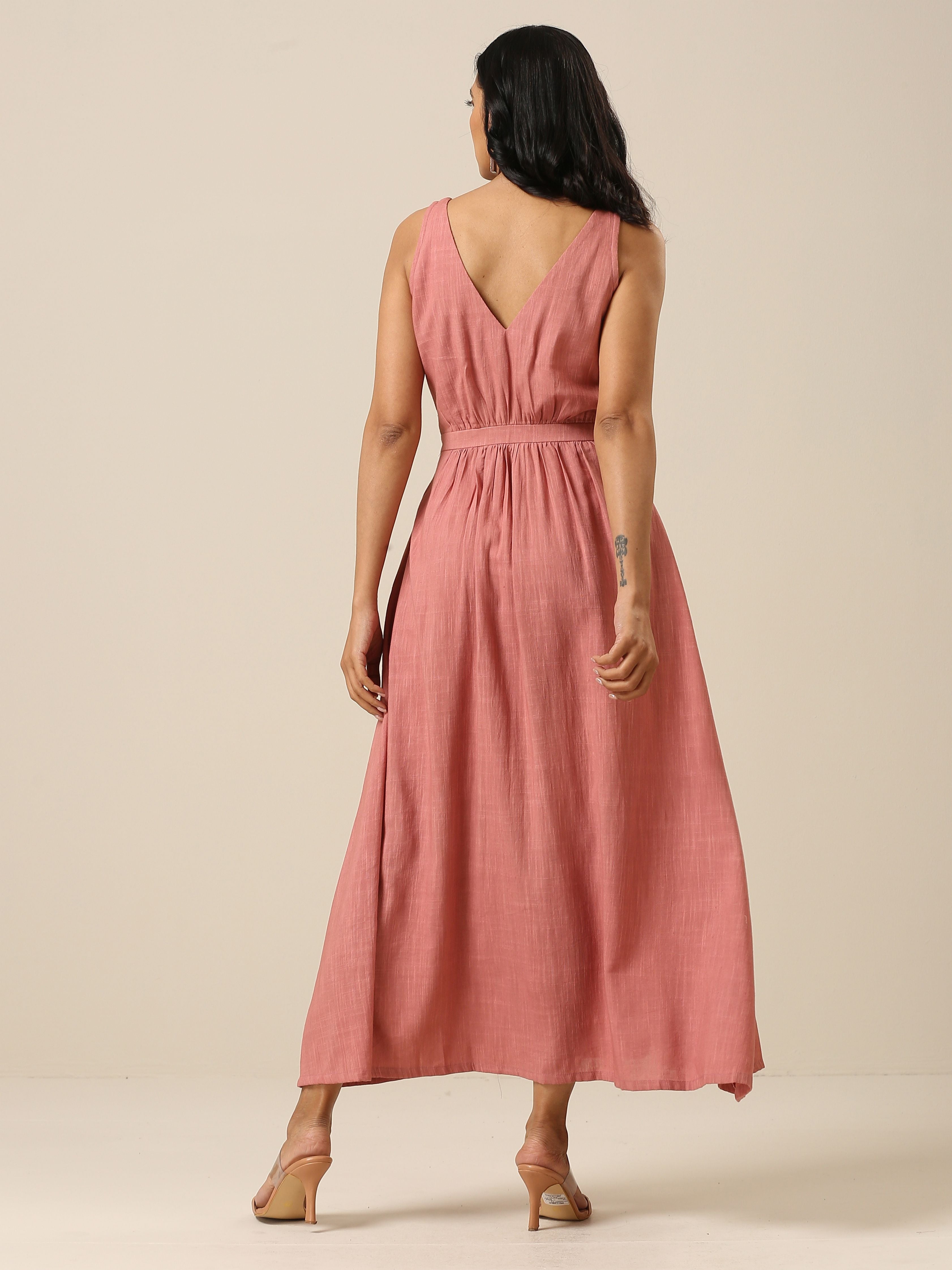 trueBrowns Light Mauve Slub Texture Sleeveless Wrap Dress - Distacart