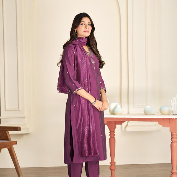 BulBul Nakshatra Wine Silk Kurta Set with Dupatta