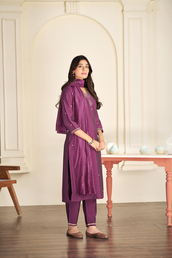 BulBul Nakshatra Wine Silk Kurta Set with Dupatta