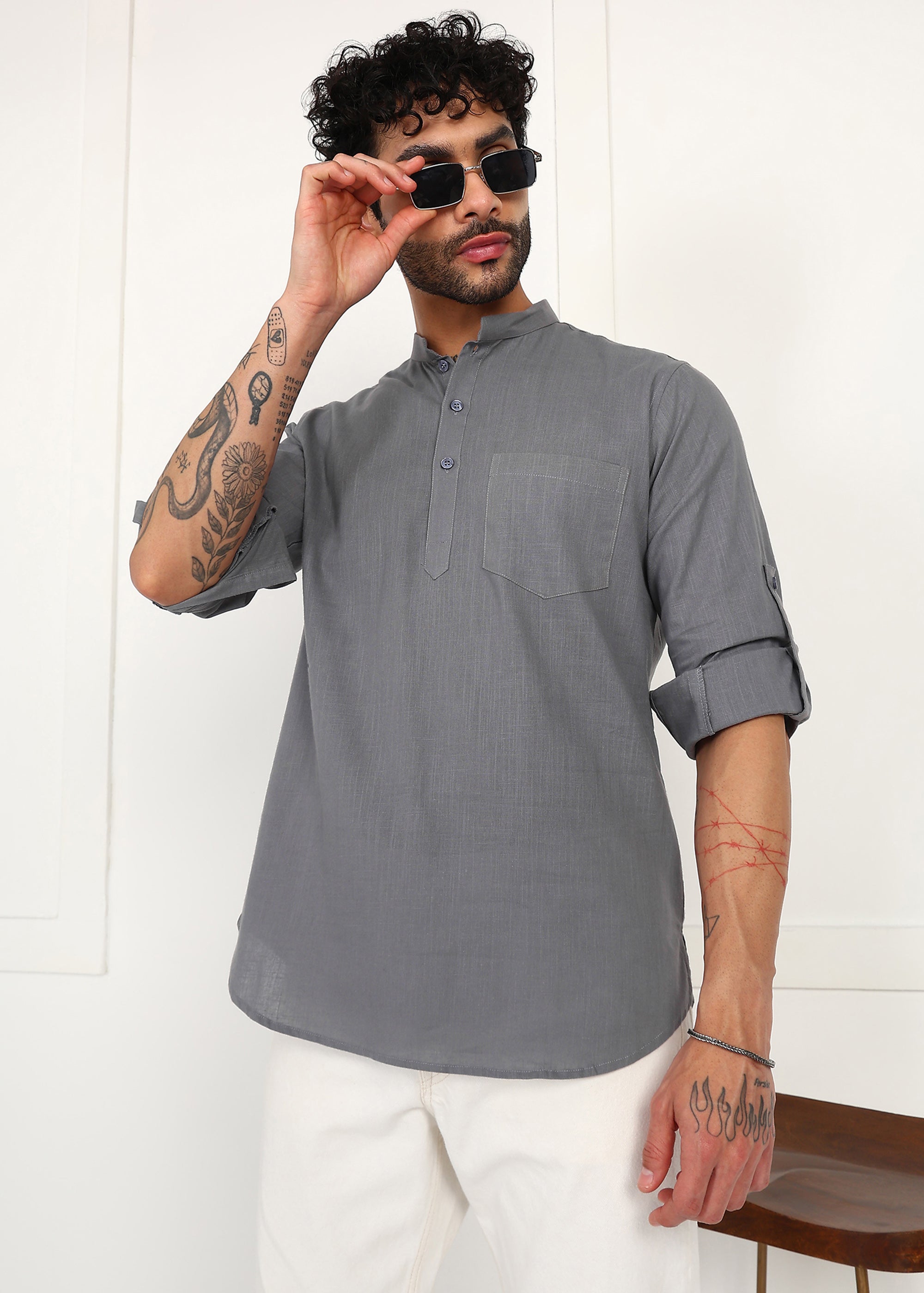 Fabmade Ash Grey Linen Short Kurta - Distacart
