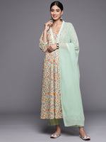 Thumbnail for Varanga Women Sea Green Floral Printed A-Line Kurta With Three Quarter Sleeves Paired With Printed Bottom And Solid Chiffon Dupatta - Distacart