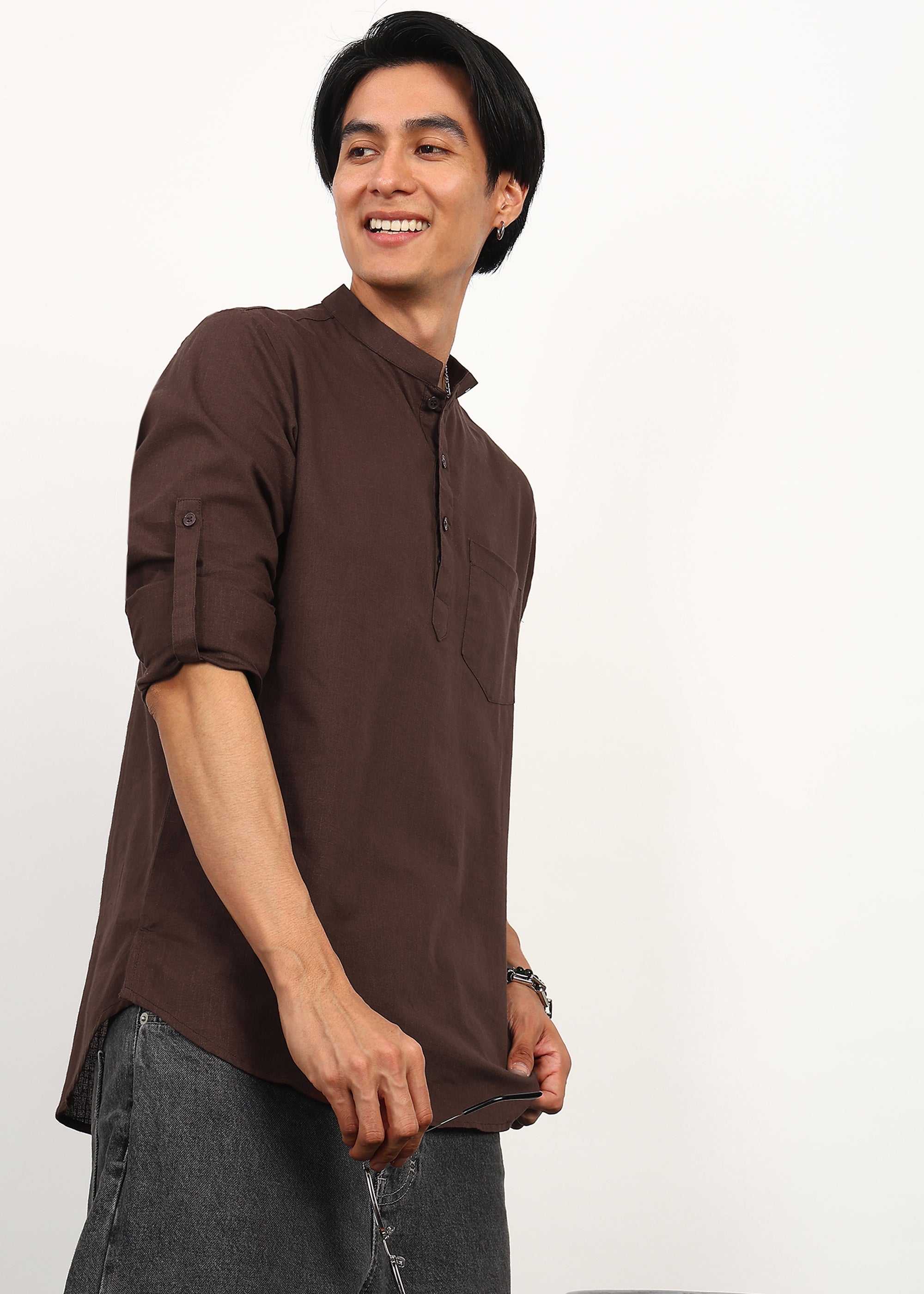 Fabmade Cocoa Drift Linen Short Kurta - Distacart