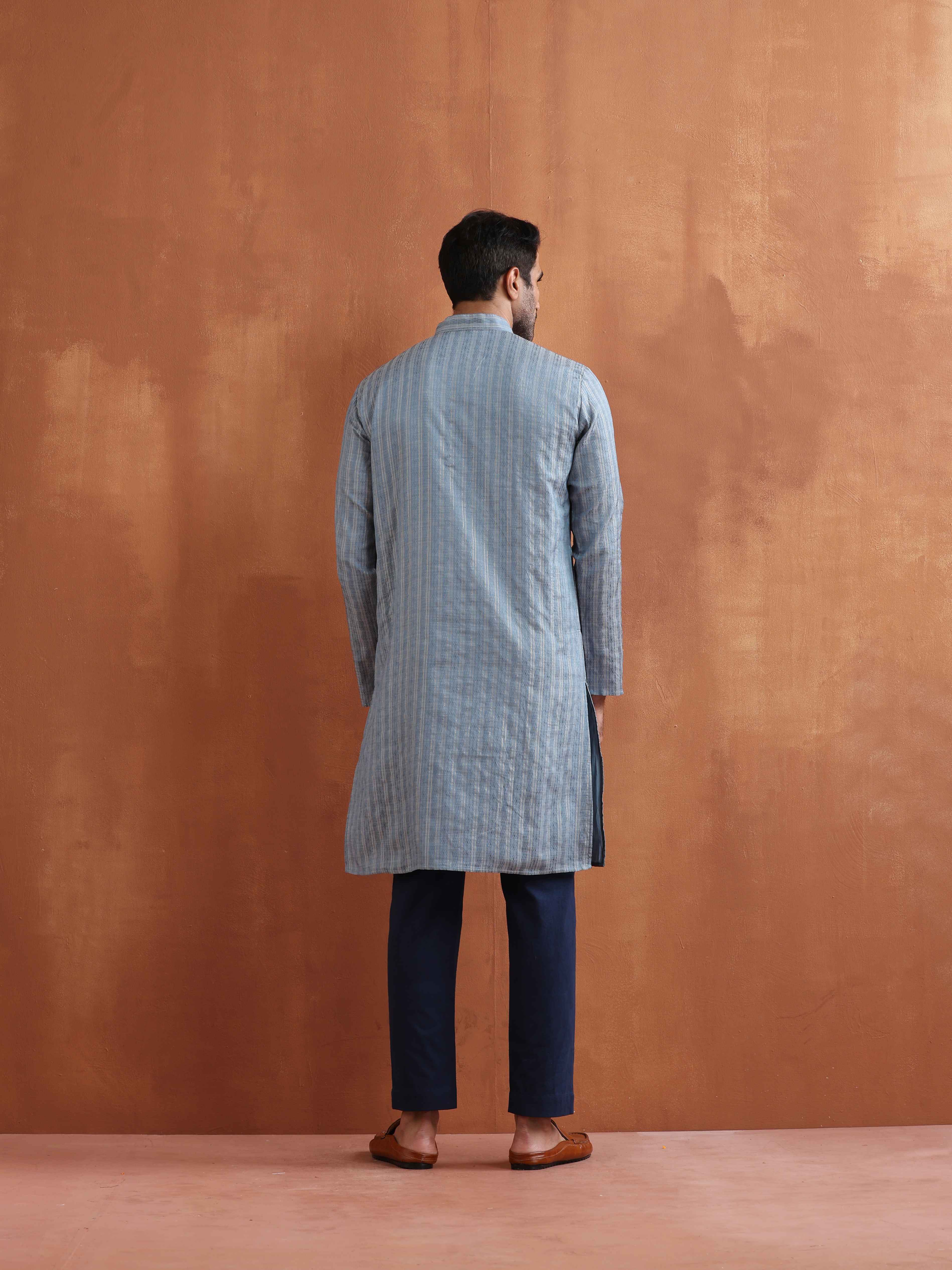 trueBrowns Men's Blue Chanderi Kurta
