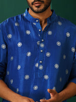 Thumbnail for trueBrowns Men's Royal Blue Geometric Floral Viscose Silk Long Kurta - Distacart