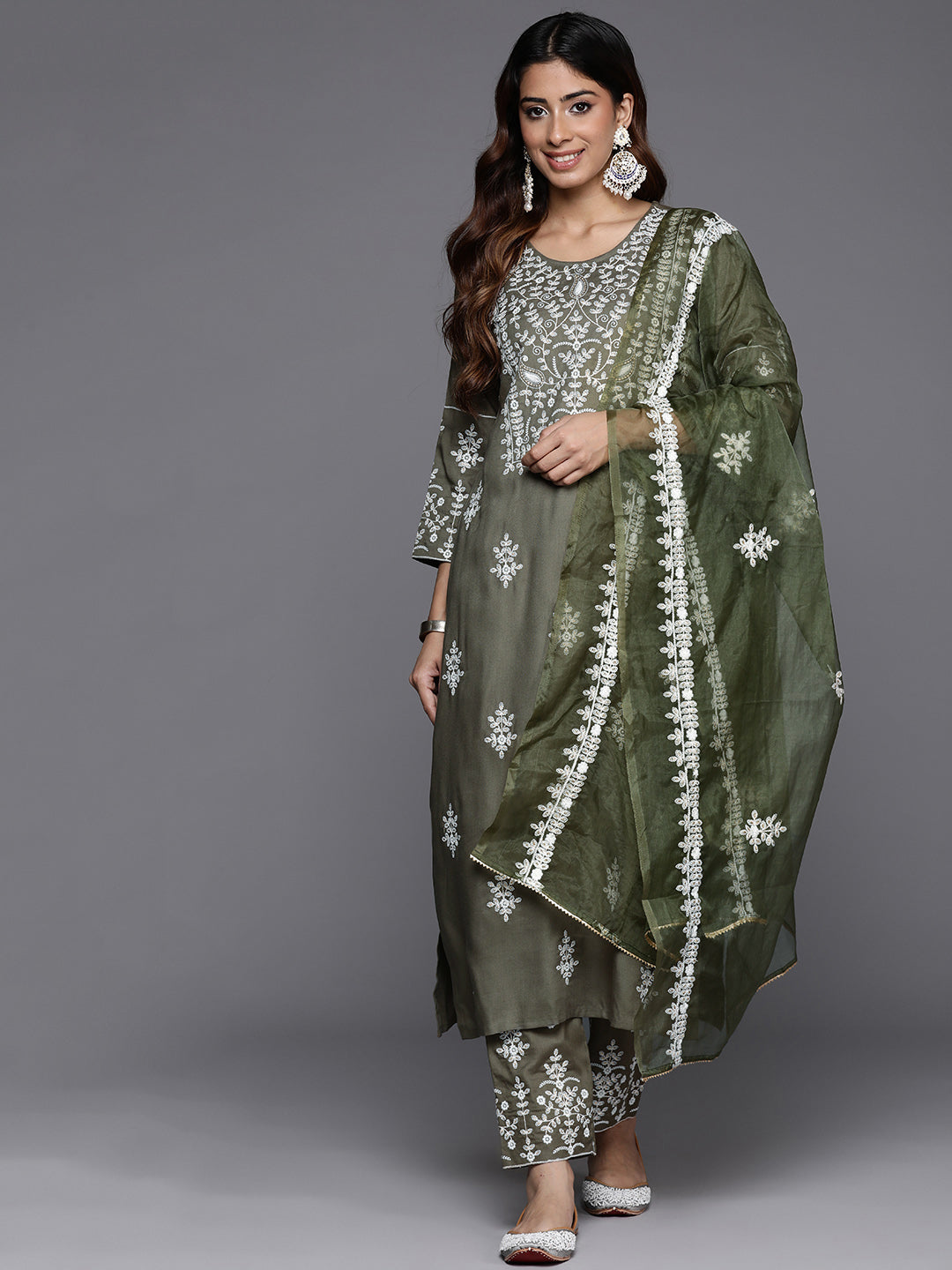 Varanga Women Olive Embroidered Kurta Paired With Tonal Trouser And Dupatta - Distacart