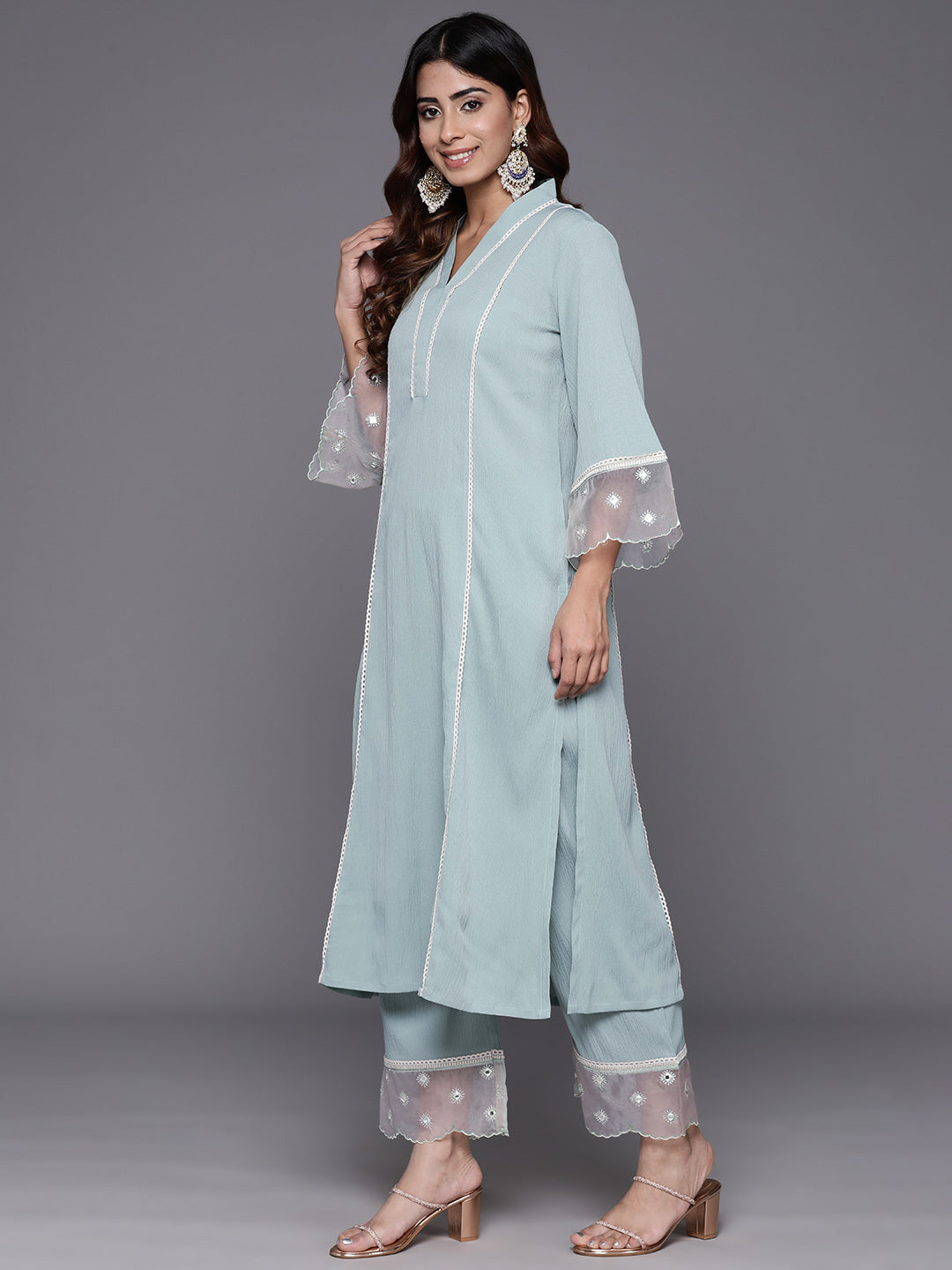 Varanga Women Sea Green Organza And Lace Detailed Kurta Set - Distacart