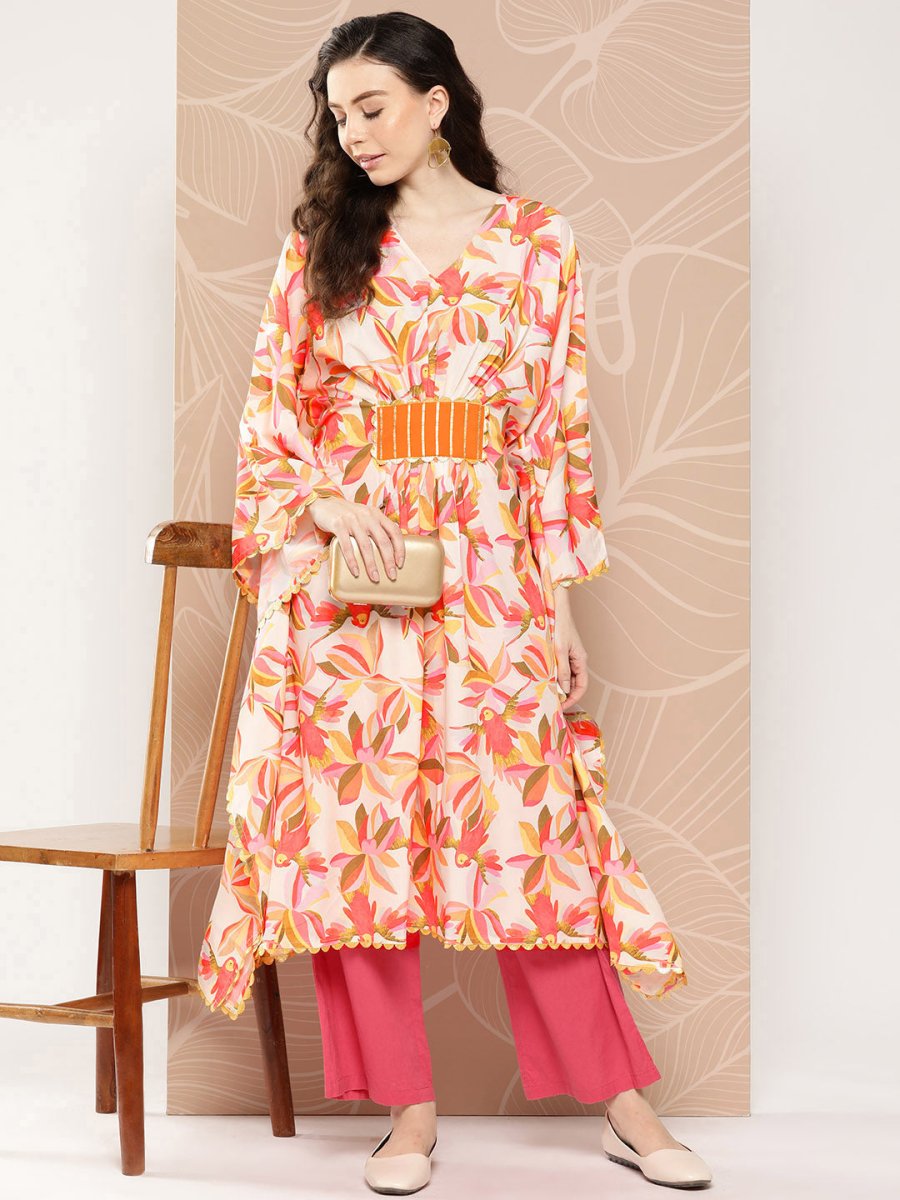 Ahalyaa Women Floral Printed Flared Sleeves Gotta Patti Crepe Kaftan Kurta - Distacart