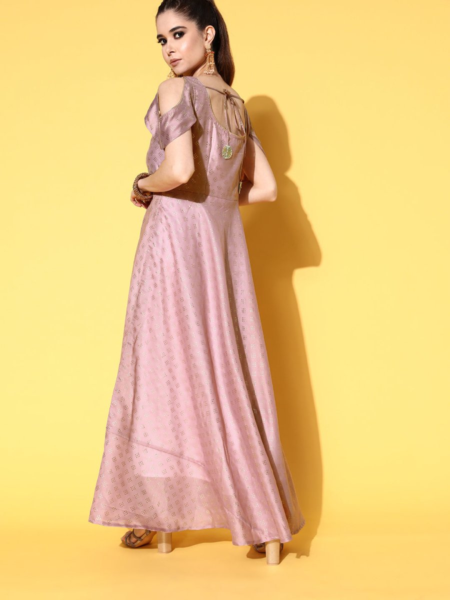 Ahalyaa Chanderi Cold-Shoulders Printed Maxi Ethnic Dress - Distacart