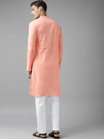 Thumbnail for Fabmade Men Peach Cotton Linen Kurta Pyjama