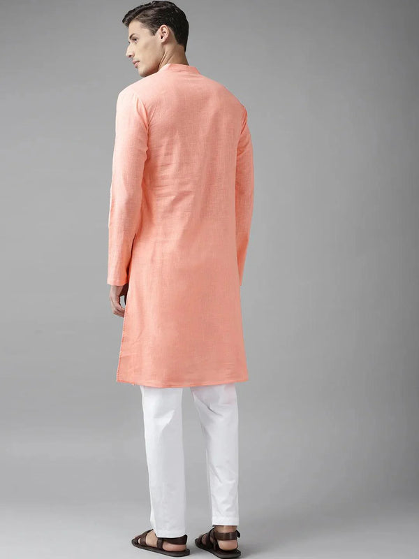 Fabmade Men Peach Cotton Linen Kurta Pyjama