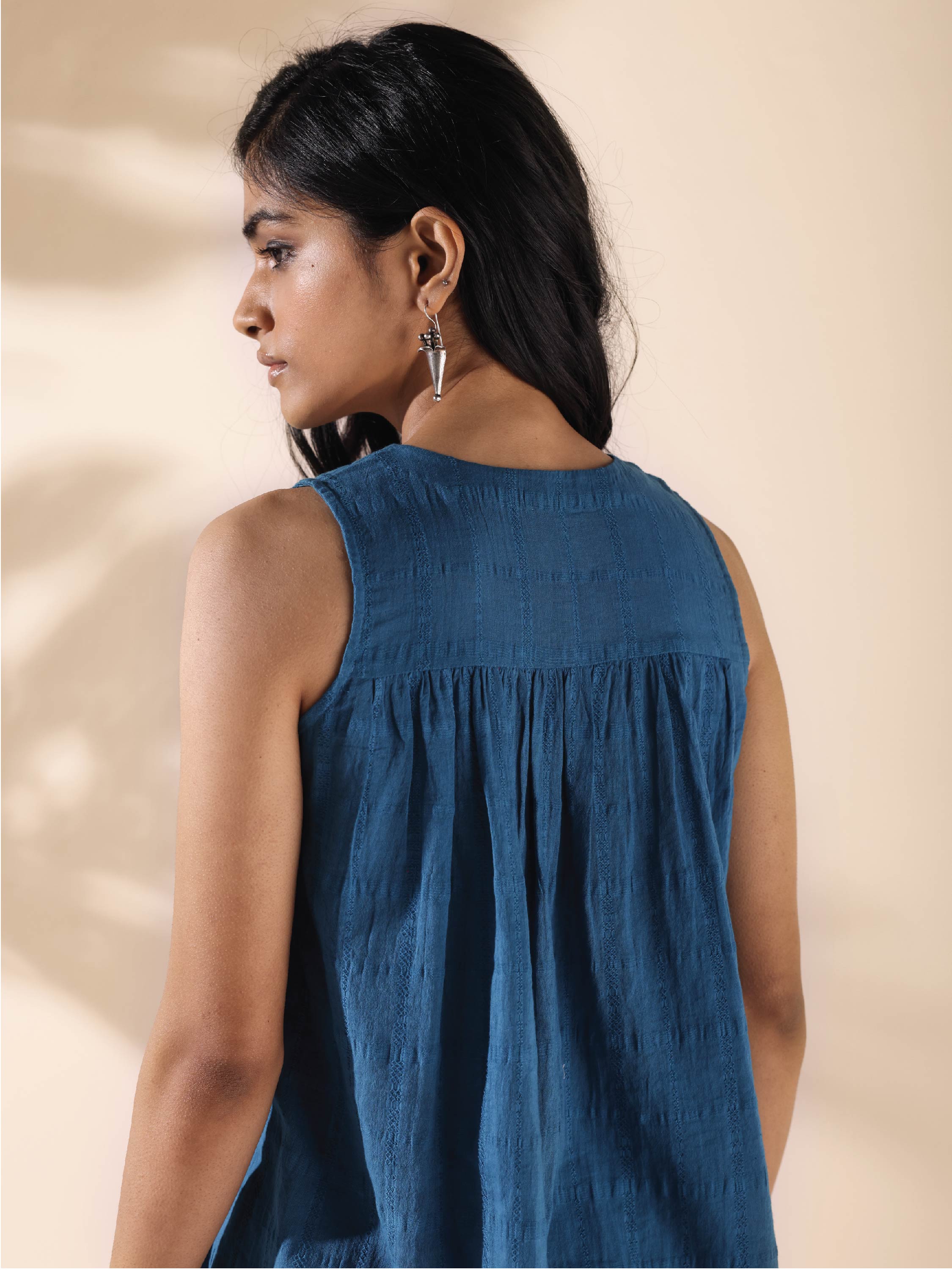 trueBrowns Blue Cotton Dobby Flared Co-ord Set - Distacart