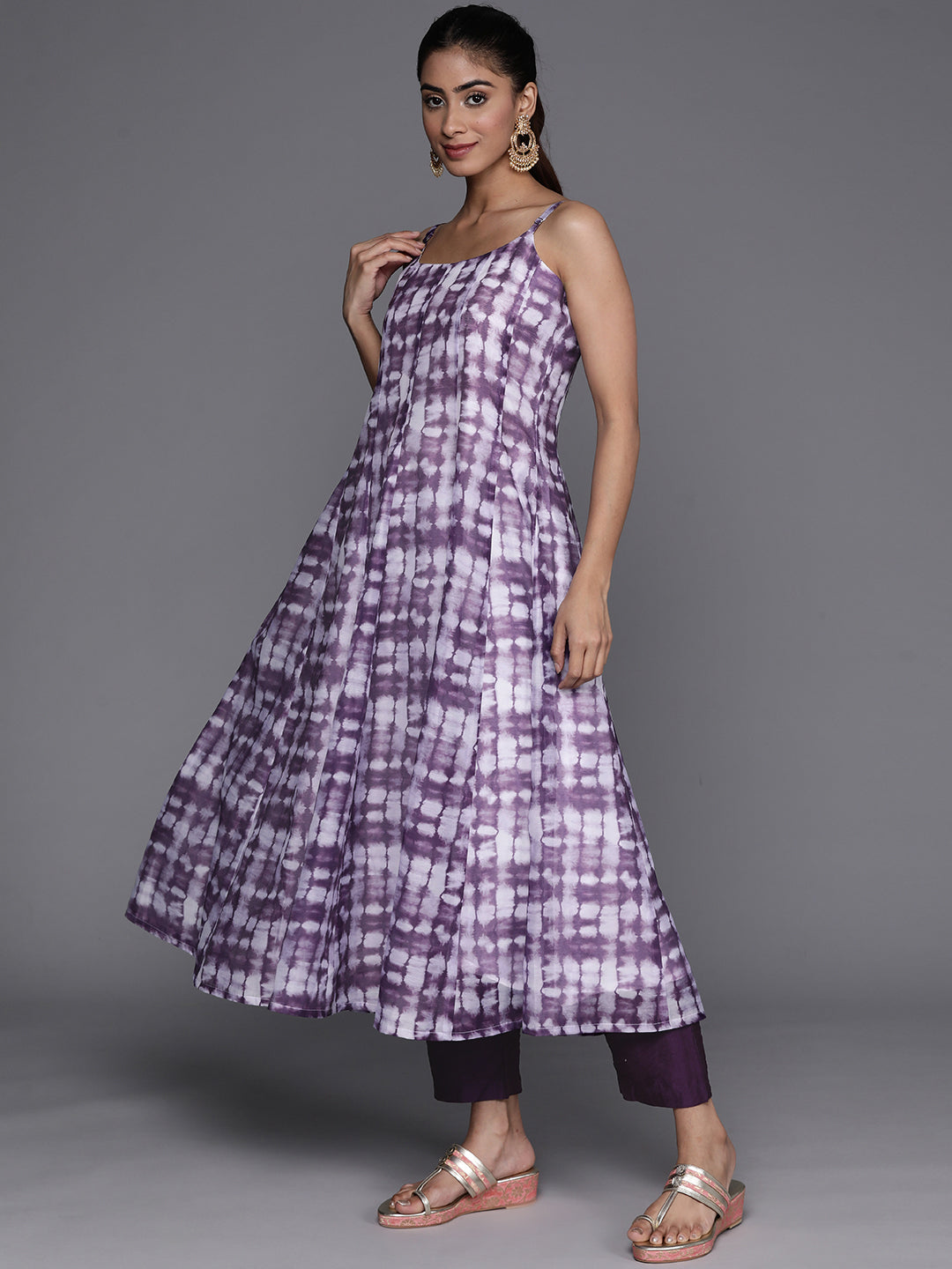 Varanga Women Violet Spaghetti Strap Anarkali Kurta Paired With Tonal Bottom And Tonal Solid Dupatta - Distacart