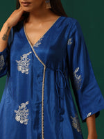 Thumbnail for trueBrowns Royal Blue Floral Viscose Silk Angrakha Kurta Pant Set - Distacart